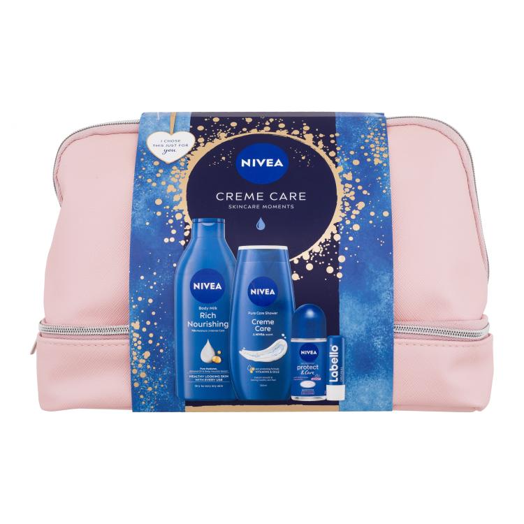 Nivea Creme Care Skincare Moments Zestaw mleczko do ciała Rich Nourishing 400 ml + żel pod prysznic Creme Care 250 ml + antyperspirant Protect &amp; Care 50 ml + balsam do ust Labello Original 4,8 g + kosmetyczka