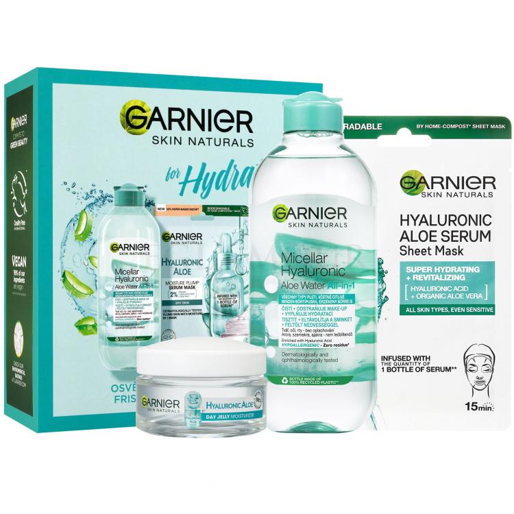 Garnier Skin Naturals Hyaluronic Aloe for Hydrating Zestaw żel do twarzy Skin Naturals Hyaluronic Aloe Jelly Daily Moisturizing Care 50 ml + płyn micelarny Skin Naturals Micellar Hyaluronic Aloe Water 400 ml + maska do twarzy Skin Naturals Hyaluronic Aloe Serum Tissue Mask 28 g