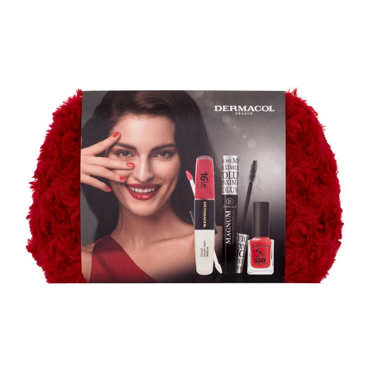 Dermacol Magnum Maximum Volume Zestaw maskara Magnum Maximum Volume 9 ml Black + długotrwała pomadka 16H Lip Colour 8 ml 20 + lakier do paznokci 5 Day Stay 11 ml 21 + kosmetyczka