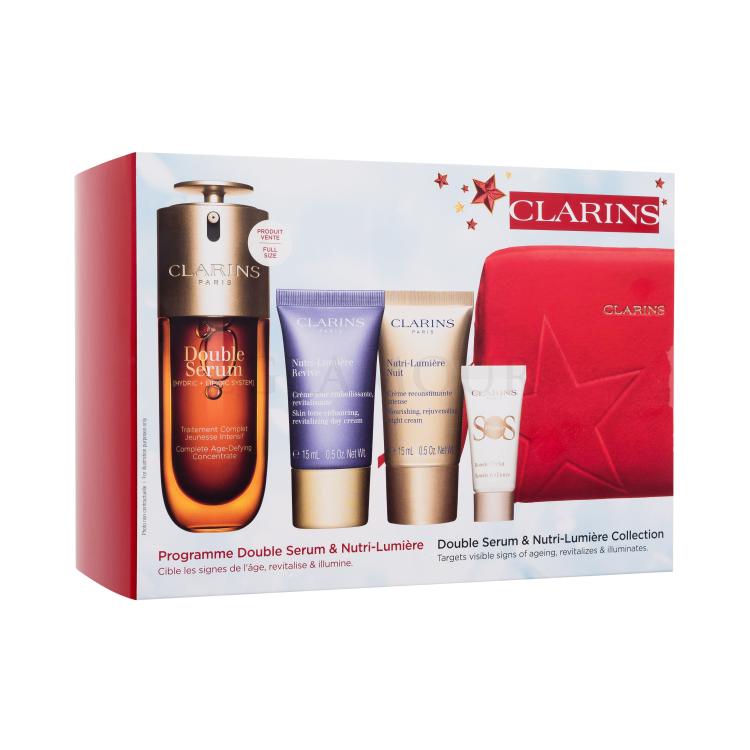 Clarins Double Serum &amp; Nutri-Lumière Collection Zestaw serum do twarzy Double Serum 50 ml + krem do twarzy na dzień Nutri-Lumiere Revive 15 ml + krem do twarzy na noc Nutri-Lumiere Nuit 15 ml + baza pod makijaż SOS Primer 5 ml + czerwona kosmetyczka