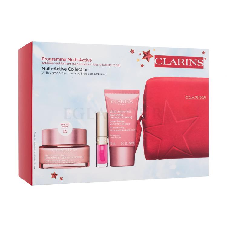 Clarins Multi-Active Collection Zestaw krem do twarzy na dzień Multi-Active Day Cream 50 ml+ krem do twarzy na noc Multi-Active Nuit Cream 15 ml + błyszczyk do ust Lip Comfort Oil 1,4 ml 04 Pitaya + serum do twarzy Double Serum 0,9 ml + kosmetyczka