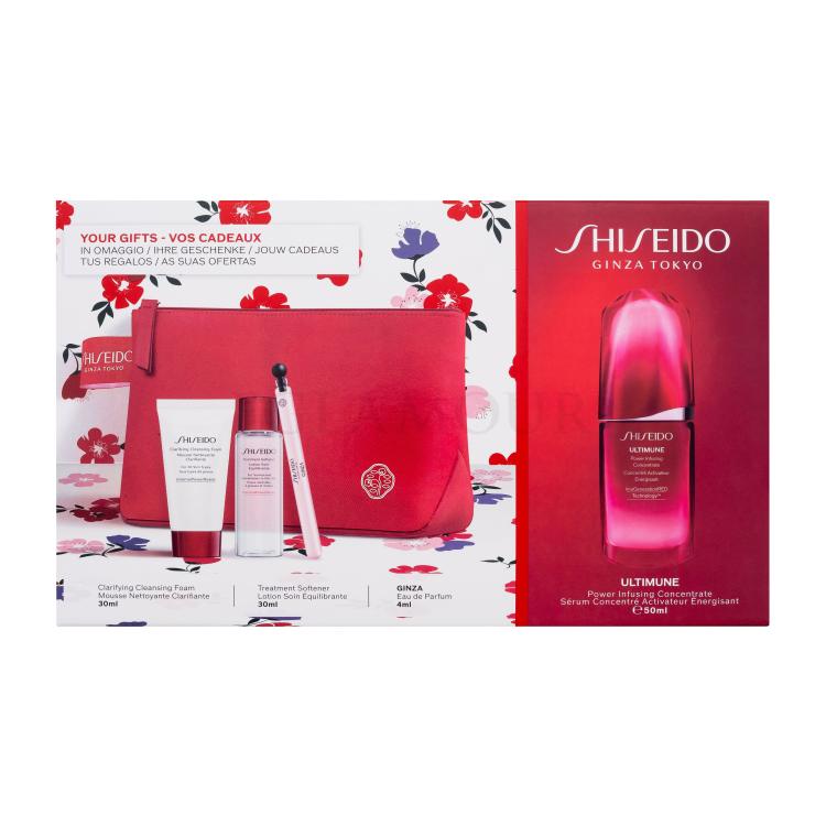 Shiseido Ultimune Power Infusing Concentrate Zestaw serum do twarzy Ultimune Power Infusing Concentrate 50 ml + pianka oczyszczająca Clarifying Cleansing Foam 30 ml + woda do twarzy Treatment Softener 30 ml + woda perfumowana 4 ml + kosmetyczka Uszkodzone pudełko